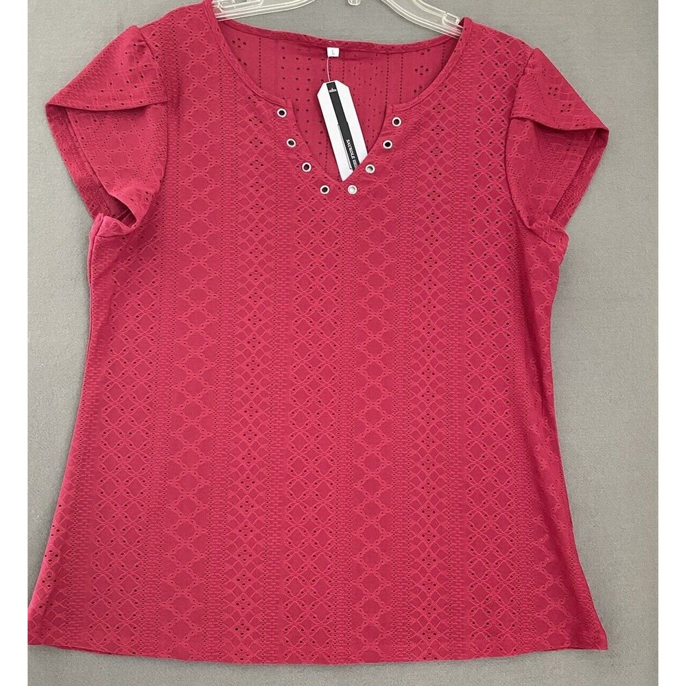 Saukole Shirt Womens Large Pink V Neck Blouse Petal‎ Sleeve Casual Country